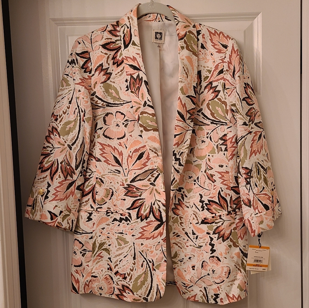 Anne Klein Floral Linen Blazer with Gold Button Detail Size Small